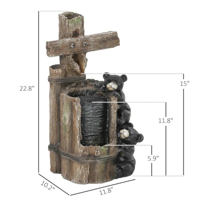 Three Tier Bear Climbing Water Fountain with LED Lights Outdoor Resin Waterfall Feature with Pump - 11.8" L × 10.2" W × 22.8" H