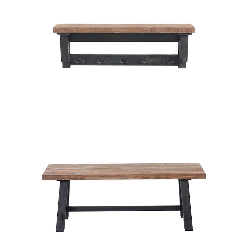 Adam 42"L Solid Wood Hook with Shelf and Bench Set - Rustic Natural/Black