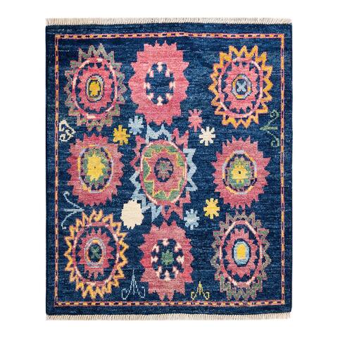 Overton One-of-a-Kind Hand-Knotted Contemporary Ikat Modern Blue Area Rug - 4' 1" x 4' 5"