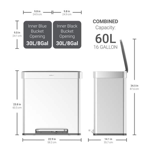 Qualiazero 16 Gal Rectangular Recycle Step Can - Stainless Steel | Color: Silver
