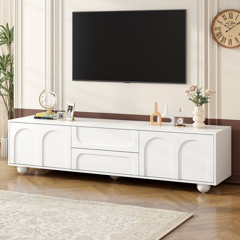 Modern Storage​ TV Stand with 2 Rebound Cabinets, 2 Drawers and 5 Round Legs for Living Room Bedroom - White