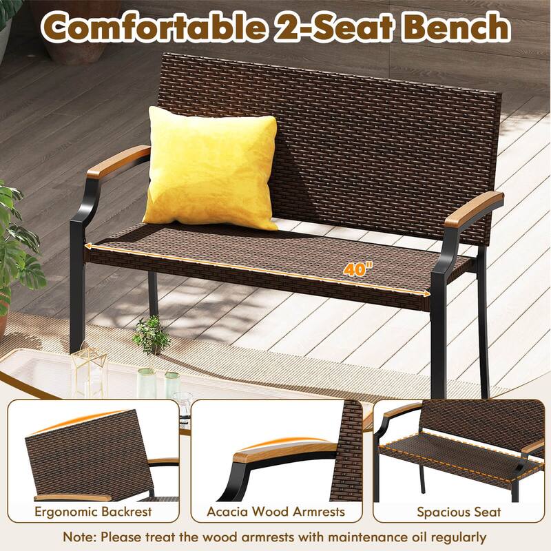 Costway 1/2 PCS Patio Wicker Loveseat Chair with Acacia Wood Armrests
