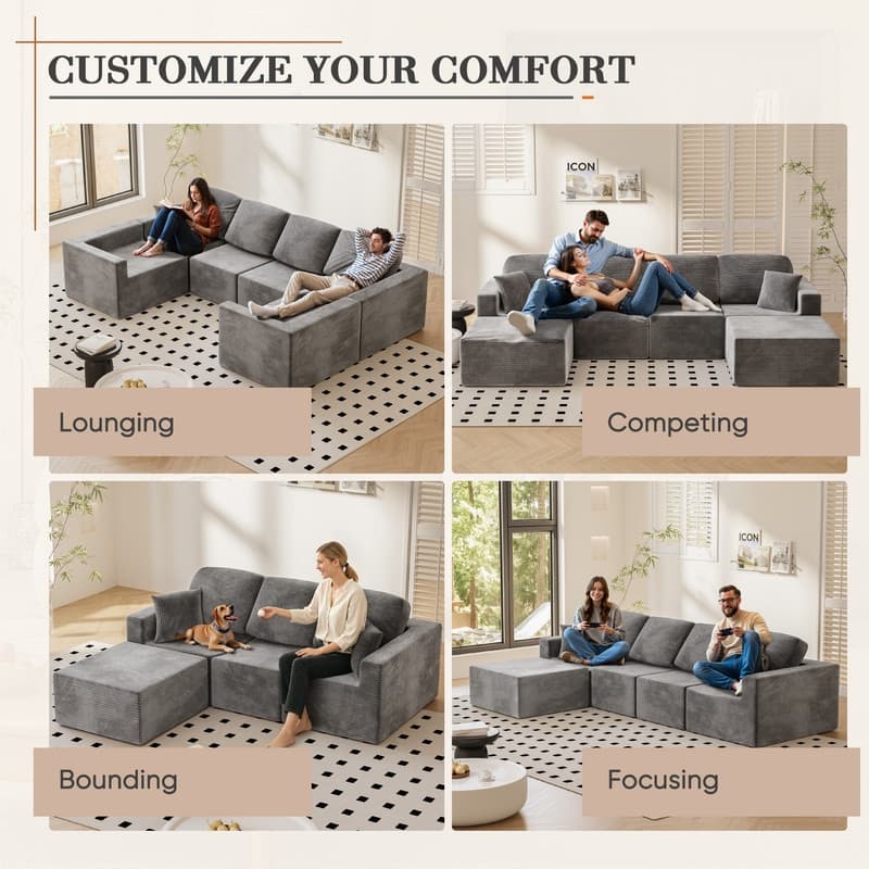 L Shaped Modular Sectional Couch, 126" Boneless Couches for Living Room, Modern Cloud Couch with Chaise Lounge