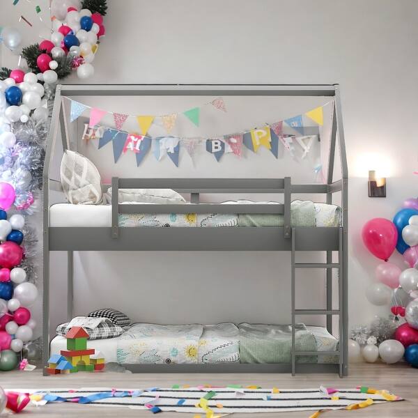 slide 2 of 18, Twin over Twin Low Bunk Bed, House Bed Design with Ladder for Imaginative Play, Pine Wood and MDF Grey
