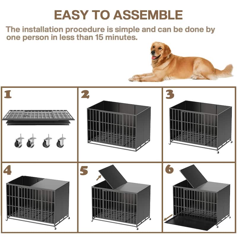 BOSSIN 48/42 inch Heavy Duty Steel Dog Crate Kennel with Wheels, Escape-Proof, Removable Tray for Large Dogs, Black