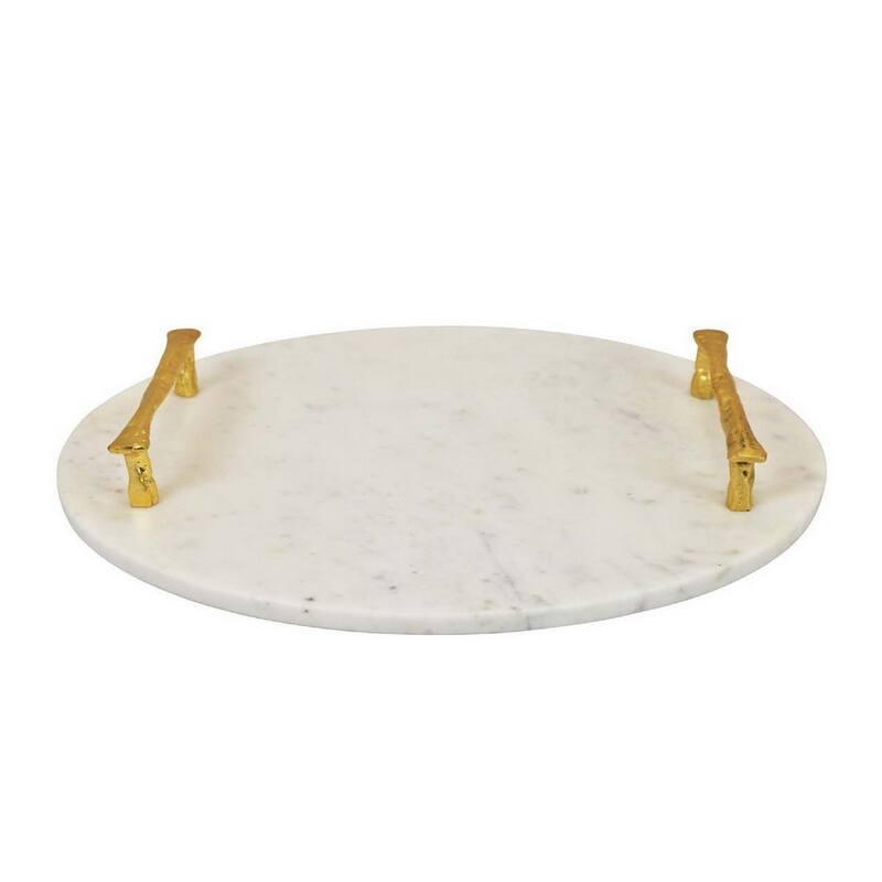 14 Inch Decorative Serving Tray, Gold Handles, Square, White Marble Finish
