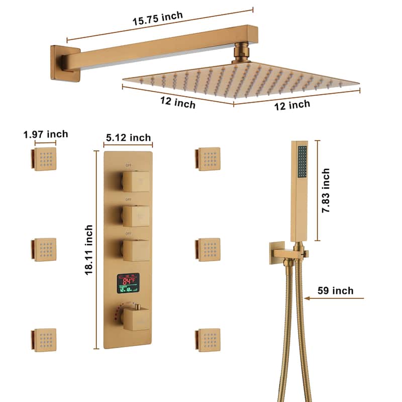 CASAINC 12 Inch Wall Mounted Square Shower Head Shower System with Handheld Shower Body Digital Display Shower 6 Body Jet