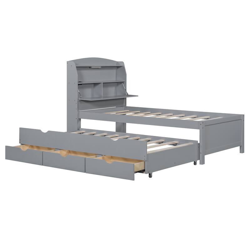 Modern Twin Size Platform Bed Frame with Trundle, 2 Drawers, Wooden Bed with LED Storage Headboard for Bedroom