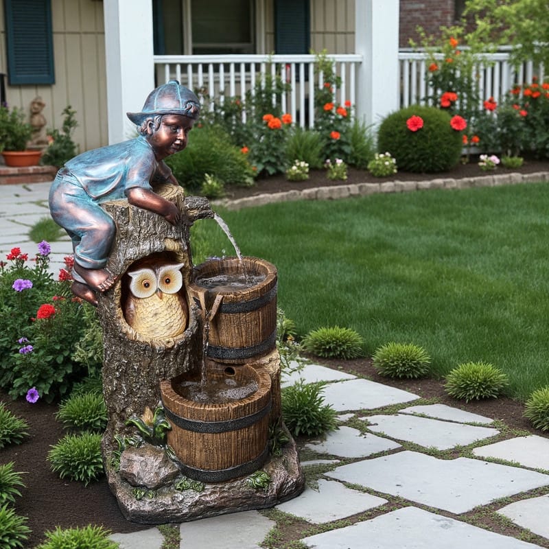 3-Tier Outdoor Fountain – Kid and Owl Play Scene with Cascading Water, Weather Resistant