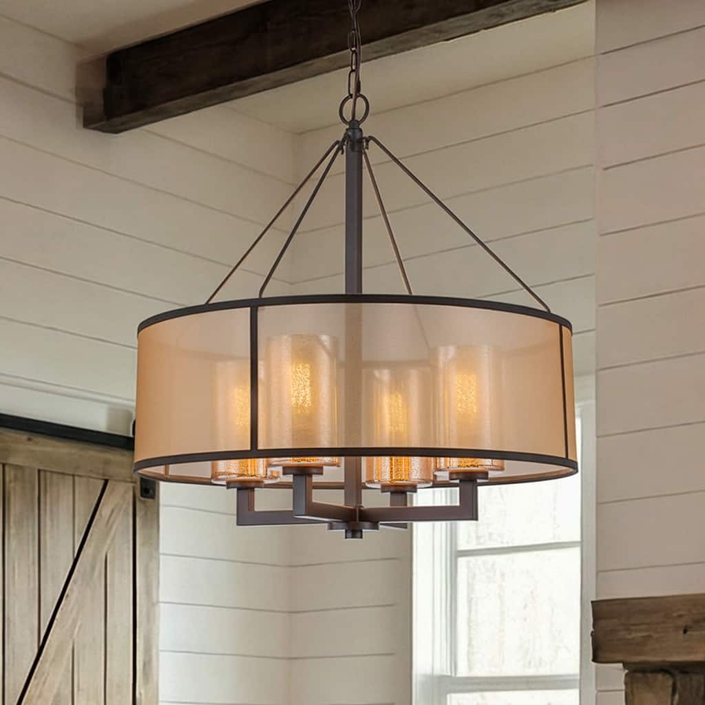 24-Inch 4-Light Oil Rubbed Bronze Modern Farmhouse Chandelier Drum Shade Mercury Glass for Dining Room Living Room - ORB - W24''