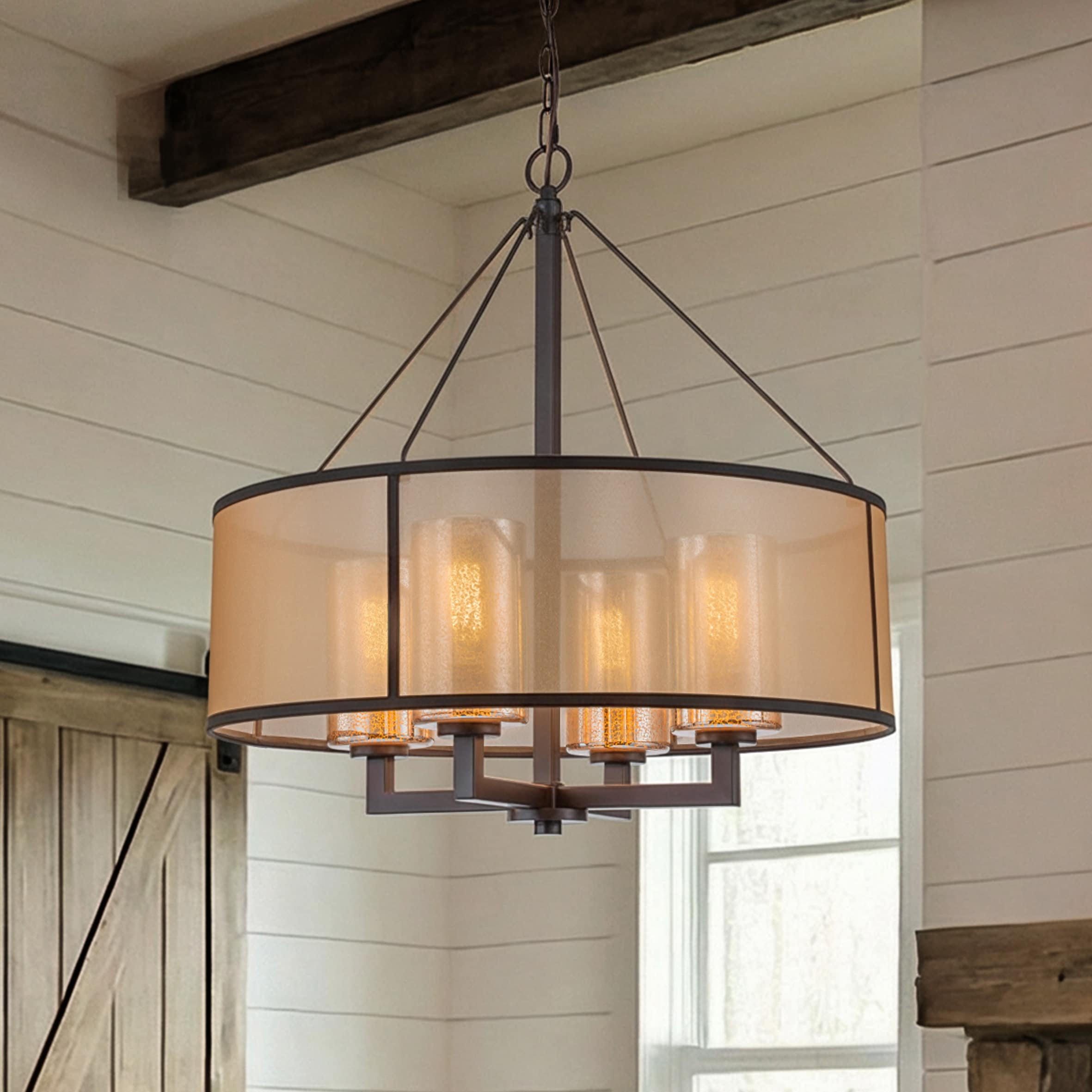 24-Inch 4-Light Oil Rubbed Bronze Modern Farmhouse Chandelier Drum Shade Mercury Glass for Dining Room Living Room - ORB - W24''
