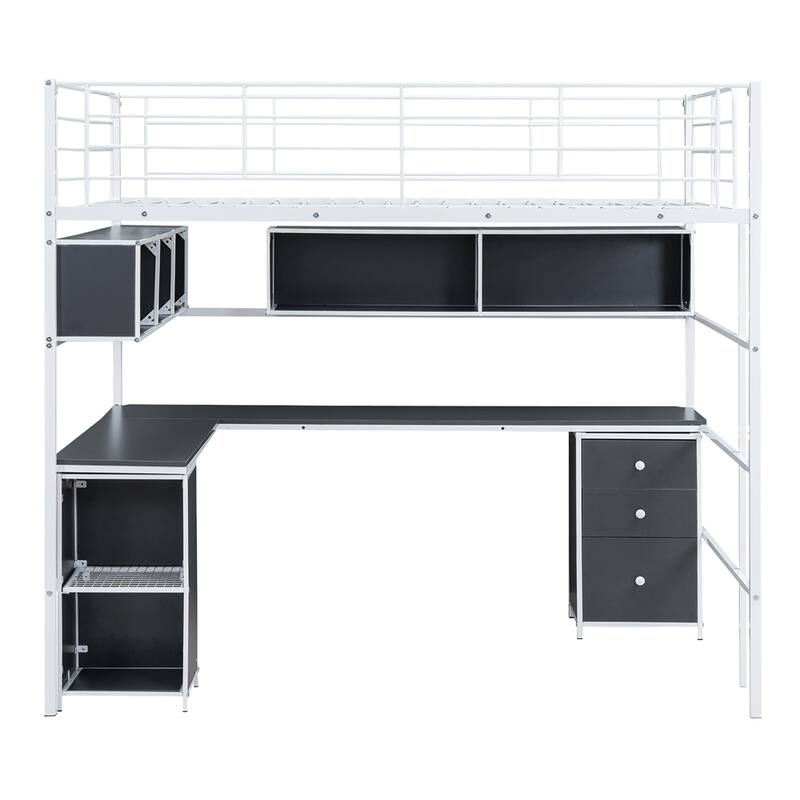 Metal Loft Bed With Bookcase,Desk And Cabinet,Full