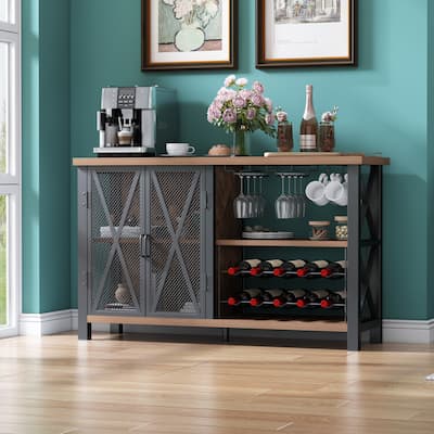 Myhozm Buffet Bar Cabinet with Wine Rack, Modern Buffet/Sideboard Wine Bar Dining Server, Grey/Brown