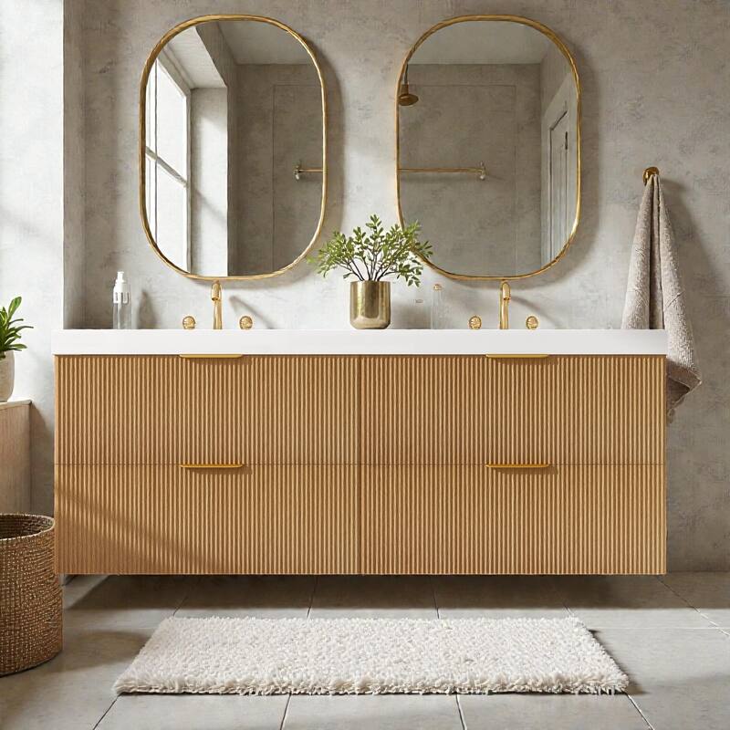 59.3" Double Sink Bathroom Vanity, Wall Mounted Cabinet with SMC Integrated Top and 4 Soft-Close Drawers - Wood