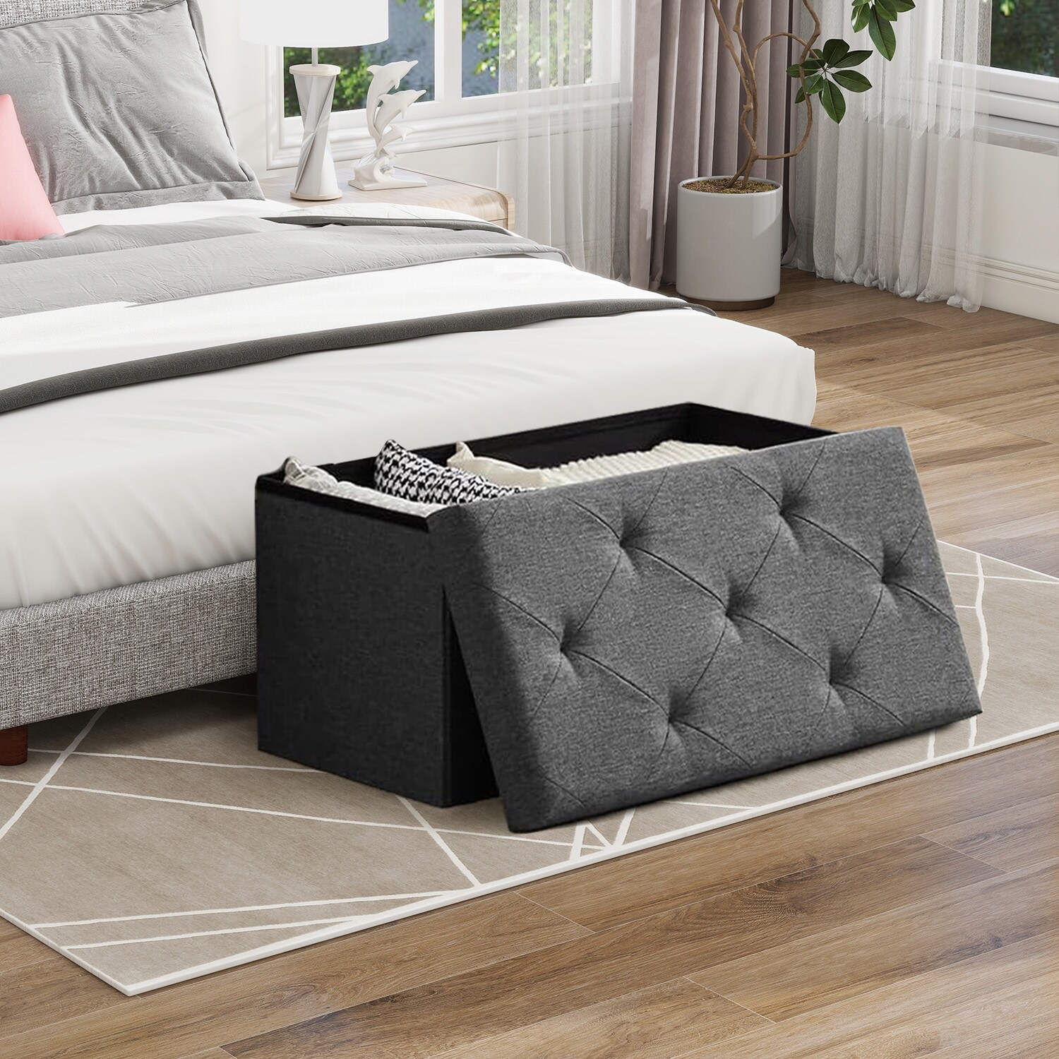 DUMOS 30" Foldable Storage Ottoman Bench - Grey Linen, Padded Seat, Holds 660lbs, For Bedroom Or Living Room - View #13