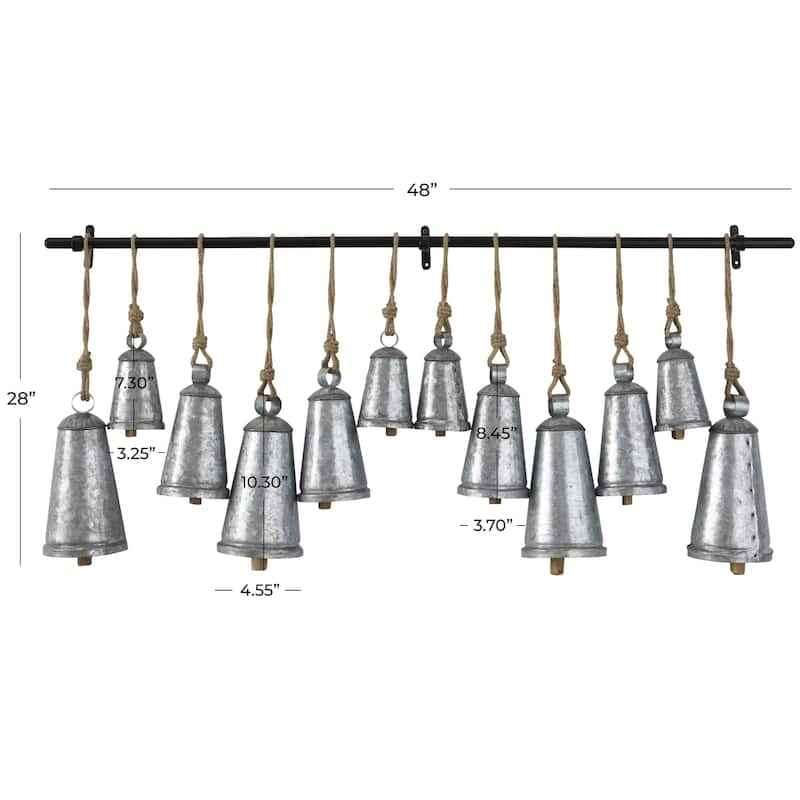 Bronze Metal Tibetan Inspired Indoor Outdoor Decorative Cow Bells with 12 Bells on Jute Hanging Rope and Metal Rod