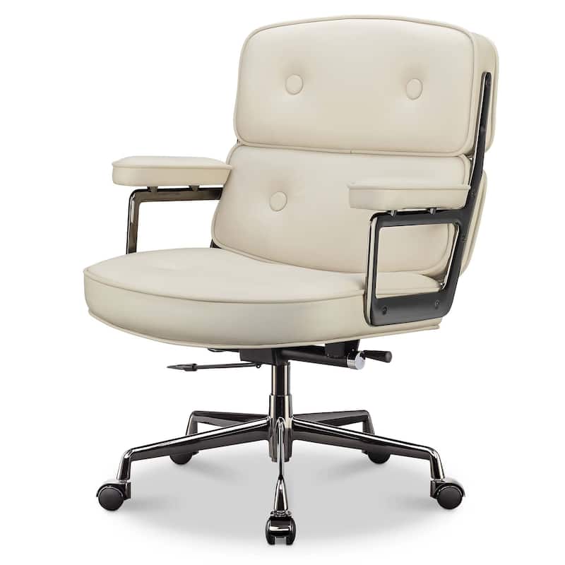Lobby Chair with Lumbar Support Ergonomic Mid-Back Executive Chair - Black chrome&White