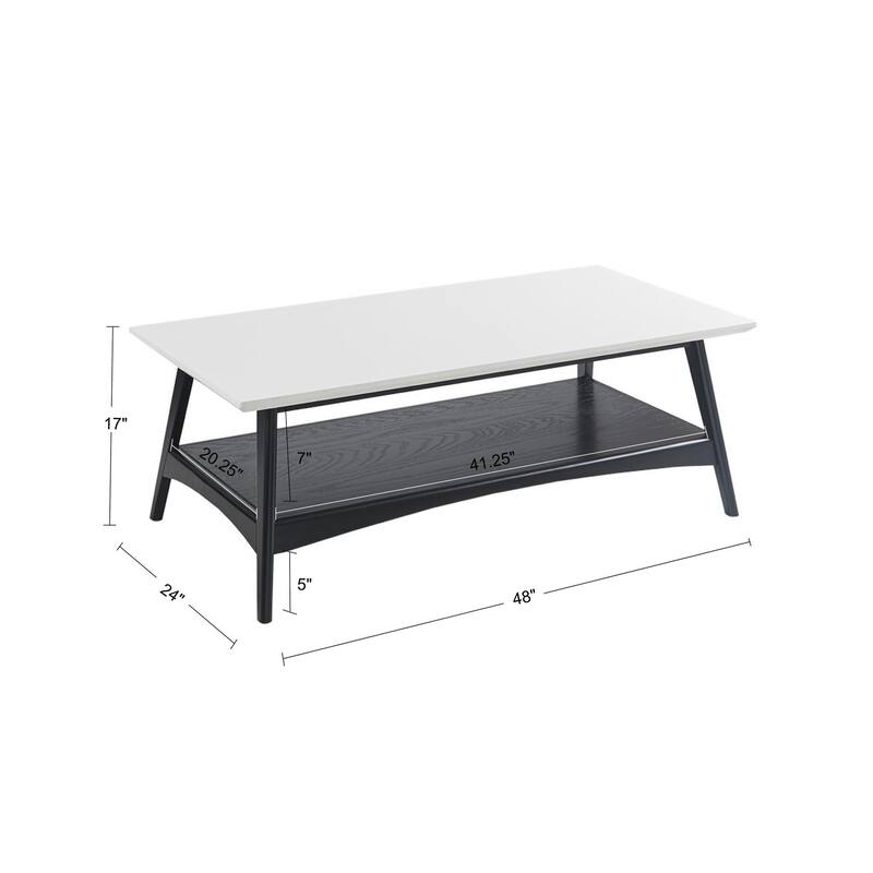 Roomfitters 48-Inch Mid-Century Coffee Table, Two-Tone Off-White Top with Lower Storage Shelf, Solid Wood Base - Off-White+Black