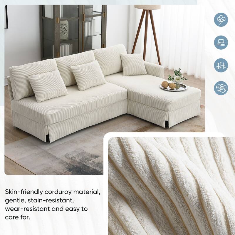Oaks Aura Modern L-shaped Corduroy Sofa with Reversible Chaise, Upholstered Sectional Convertible Sleeper Couch with Pillows