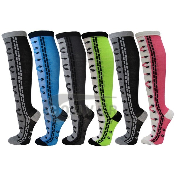 Sneaker/Lace-Up Boots Ladies Cute Colorful Design Knee High Socks Assorted 6-Pack