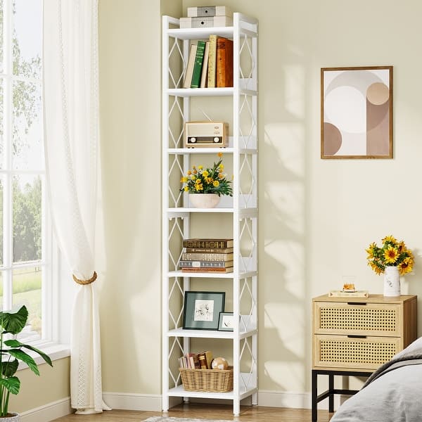 slide 2 of 18, 78.7 Inch Extra Tall Narrow Bookshelf, 7 Tier Corner Bookcase White