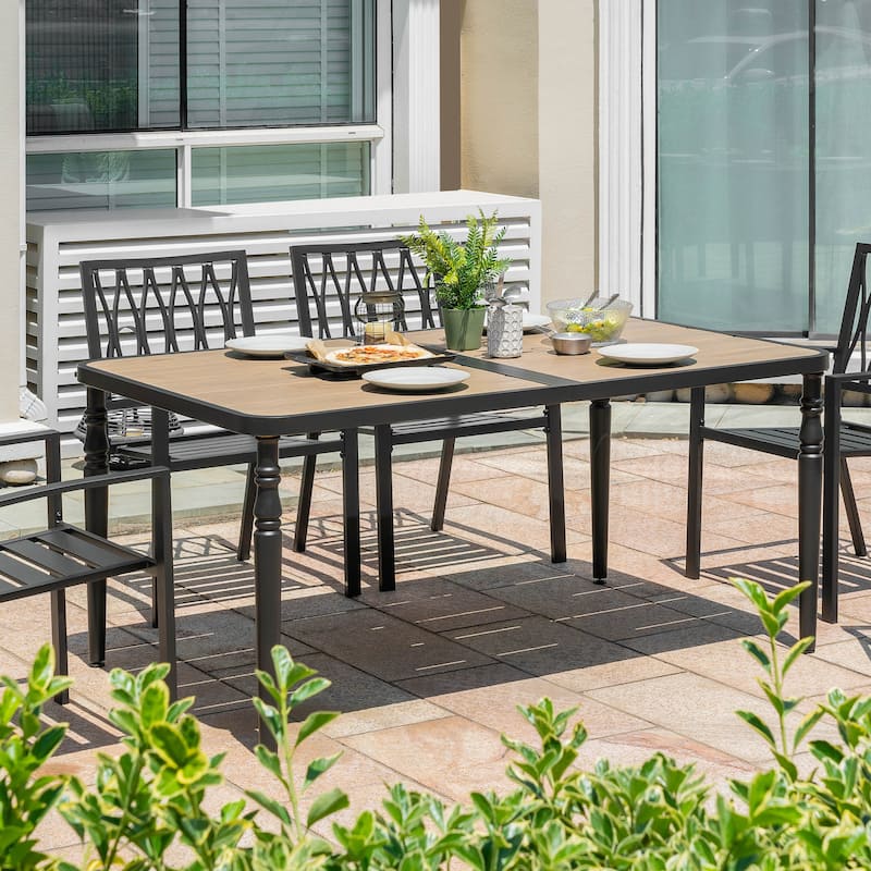 Patio Rectangle Dining Table with Umbrella Hole, Wood-Grain Tabletop