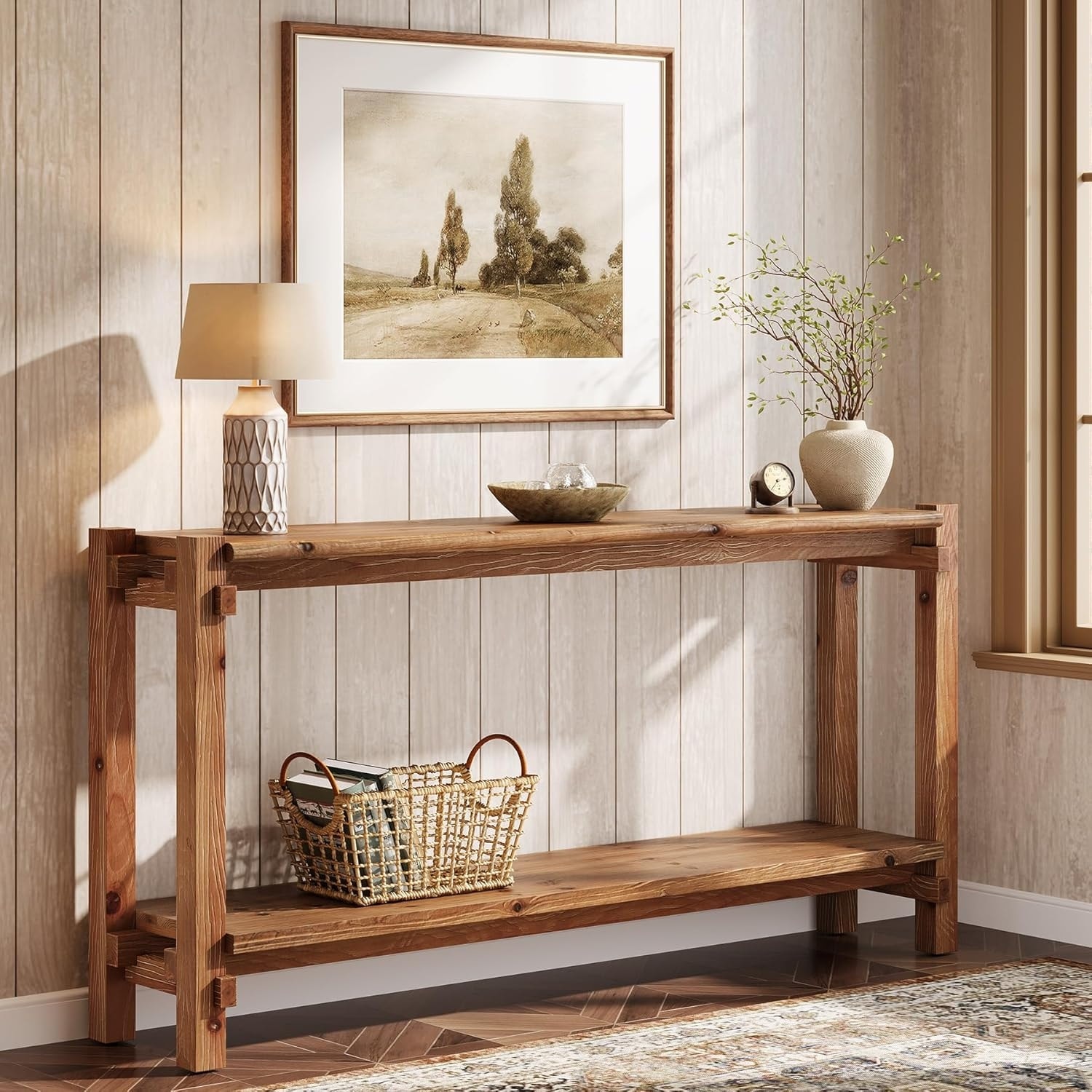 63-Inch Solid Wood Console Table, 2-Tier Farmhouse Entryway Table with Storage