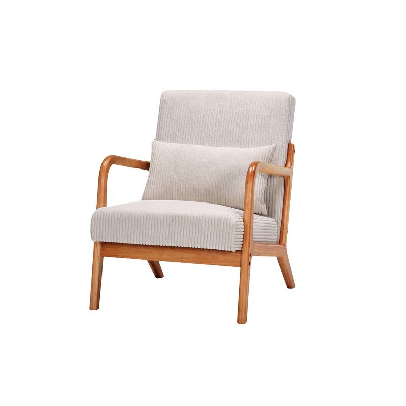Mid-Century Modern Accent Chair, Upholstered Single Sofa Chair with Pillow, Lounge Armchair with Rubber Wood Frame