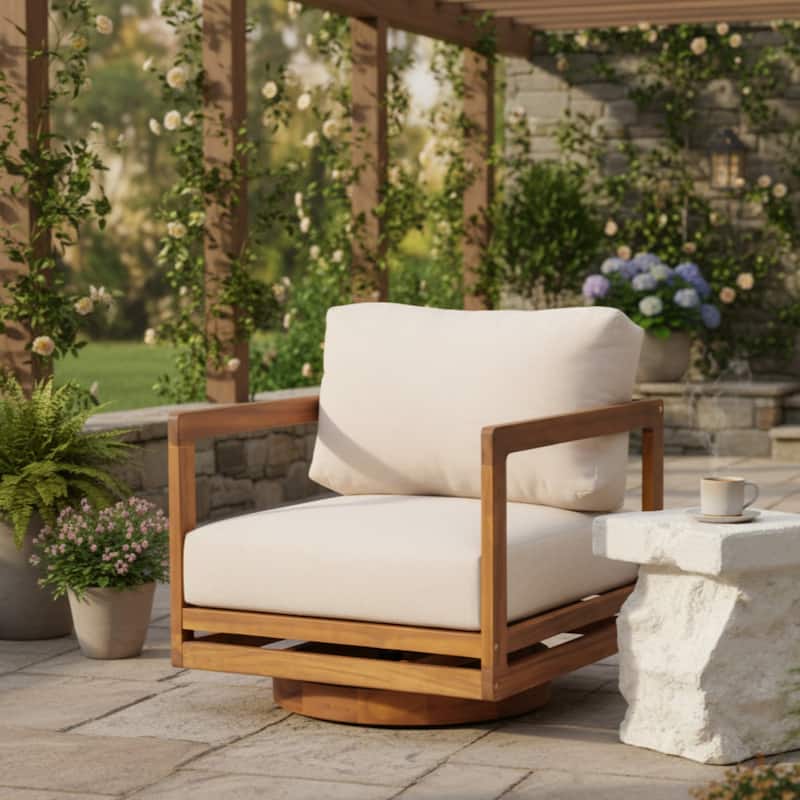 Roomfitters Tanah Outdoor Acacia Wood Swivel Lounge Chair with Cushions, Teak Finish and Beige - Teak+ Beige
