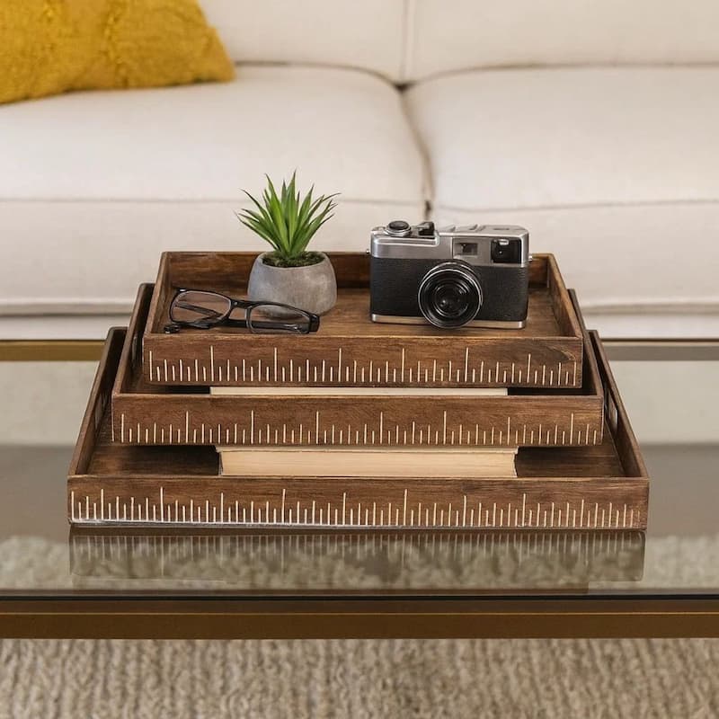 Rough Sawn Textured Rectangular Wooden Ruler Tray, Set of 3, Brown