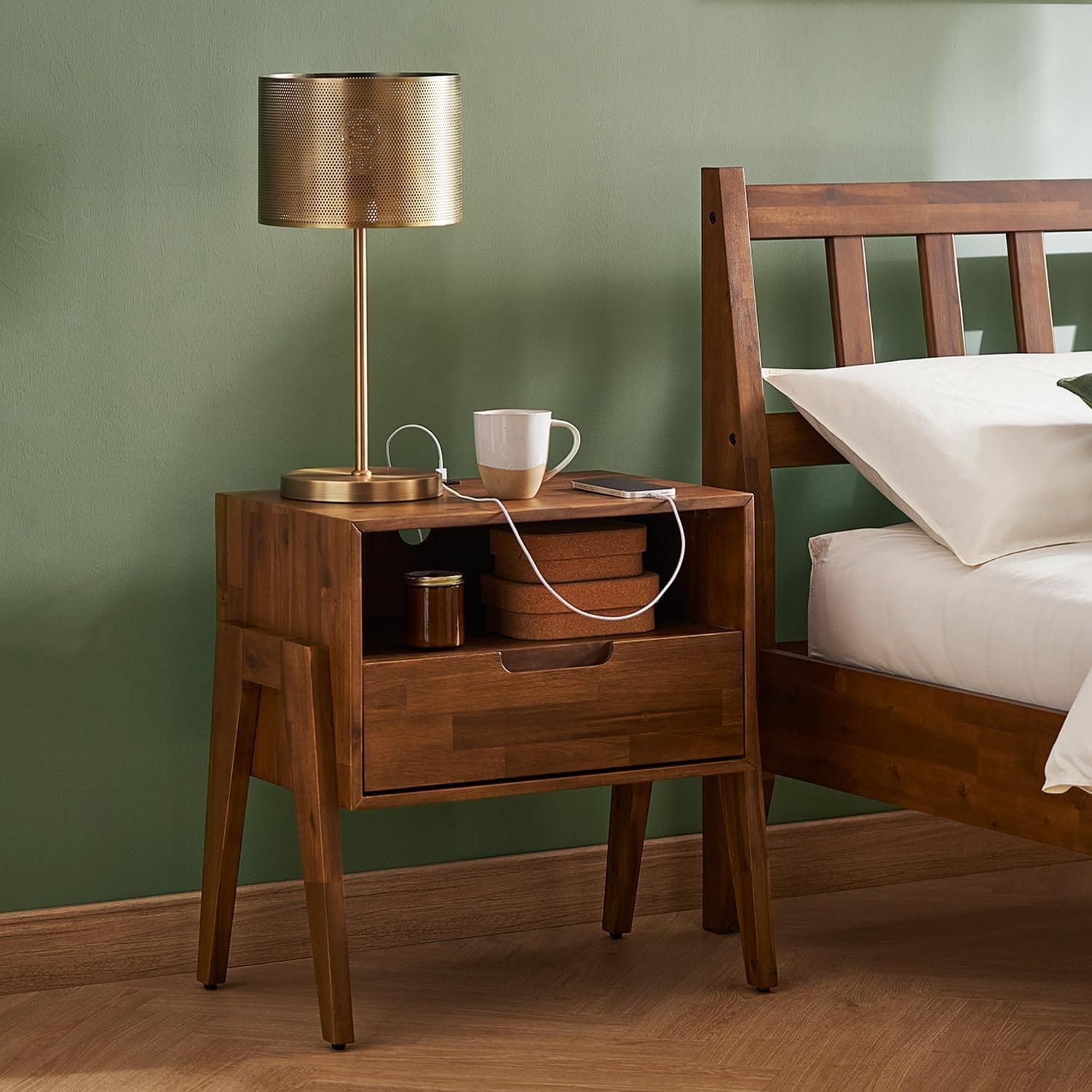 Mopio Ted Solid Wood Nightstand with Charging Station