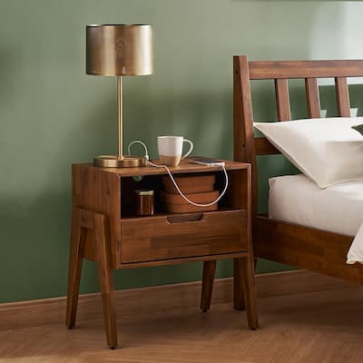 Mopio Ted Solid Wood Night Stand with Charging Station, Mid Century Modern Nightstand, Small Side Table
