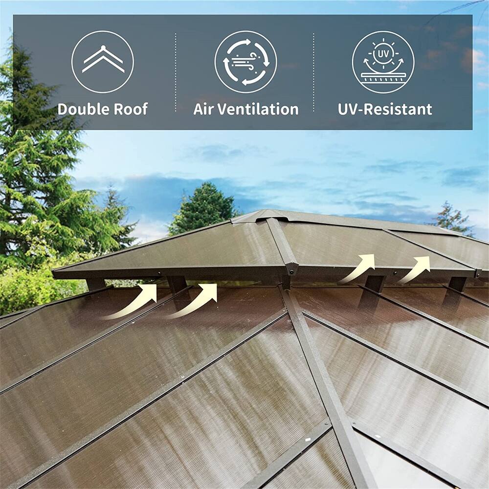 12x16ft Hardtop Gazebo,Aluminum Gazebo Pavilion with Curtain and Net for Garden, Patio, Lawns, Deck, Backyard (Wood-Looking)