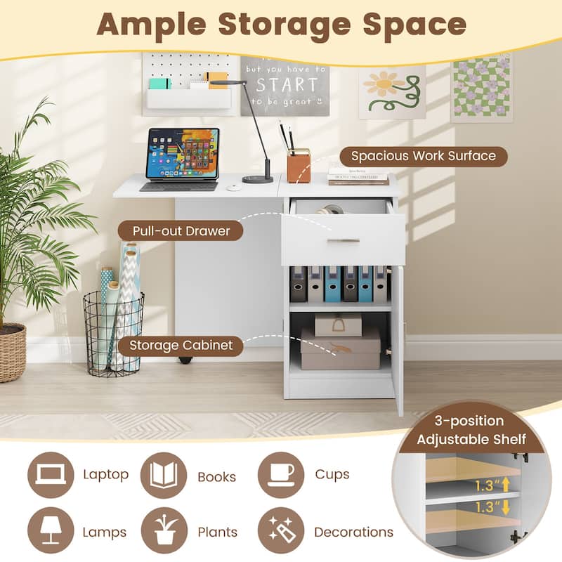 MDF Folding Computer Desk with Storage Cabinet, Drawer and Wheels