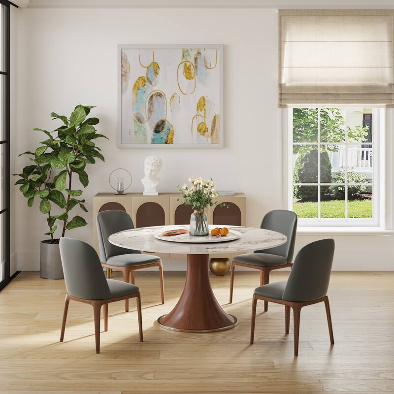 Modern Farmhouse Round Dining Table with Lazy Susan，Glossy Sintered Stone Tabletop ,Walnut Solid Wood Base