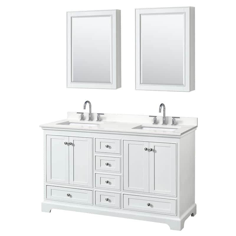 Deborah 60-inch Double Vanity, Quartz Top, Medicine Cabinets - White, Chrome Trim, White Quartz Top