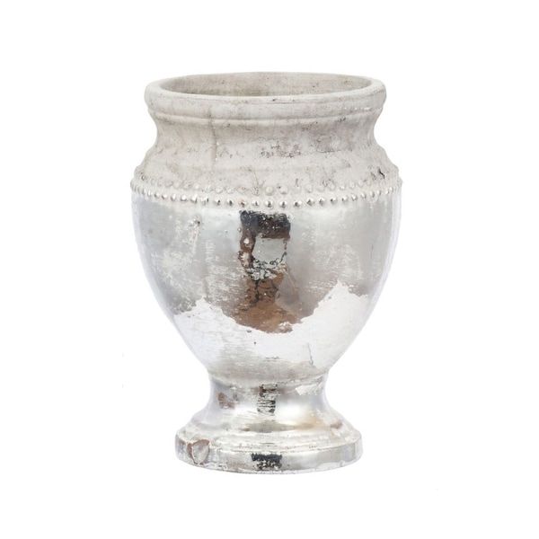 11" White and Silver Vintage Style Distressed Uma Pedestal Vase - N/A