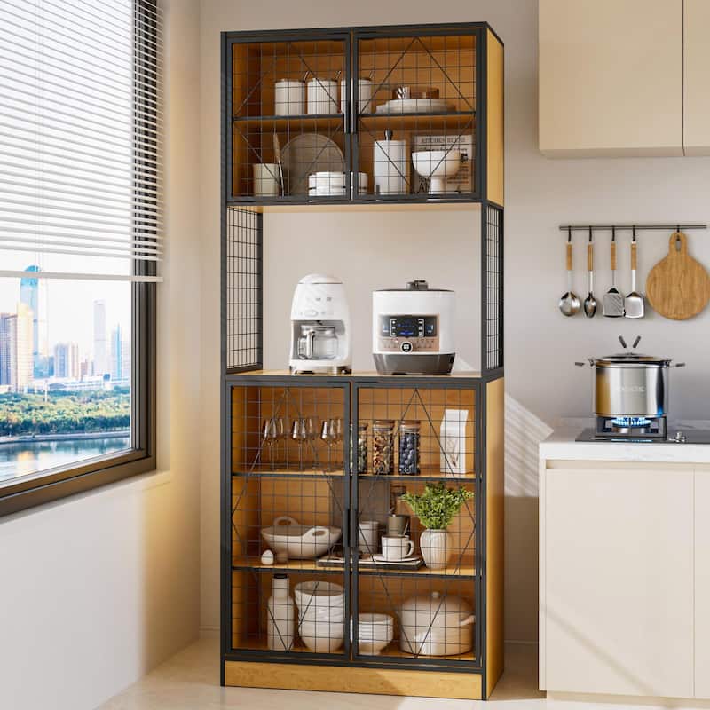 Javlergo 72" Kitchen Pantry Cabinet with Door and Shelves, Tall Kitchen Hutch Cabinet with Microwave Stand - Oak