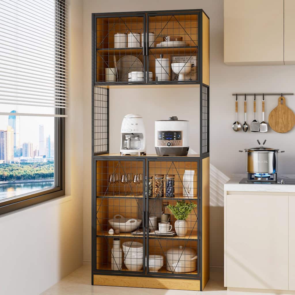 Javlergo 72" Kitchen Pantry Cabinet with Door and Shelves, Tall Kitchen Hutch Cabinet with Microwave Stand