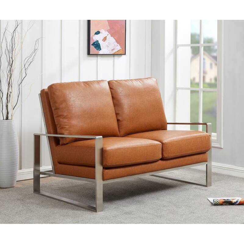 Jefferson Modern Leather Loveseat with Brushed Silver Stainless Steel Base, Removable Cushions, Sinuous Springs, Fully Assembled