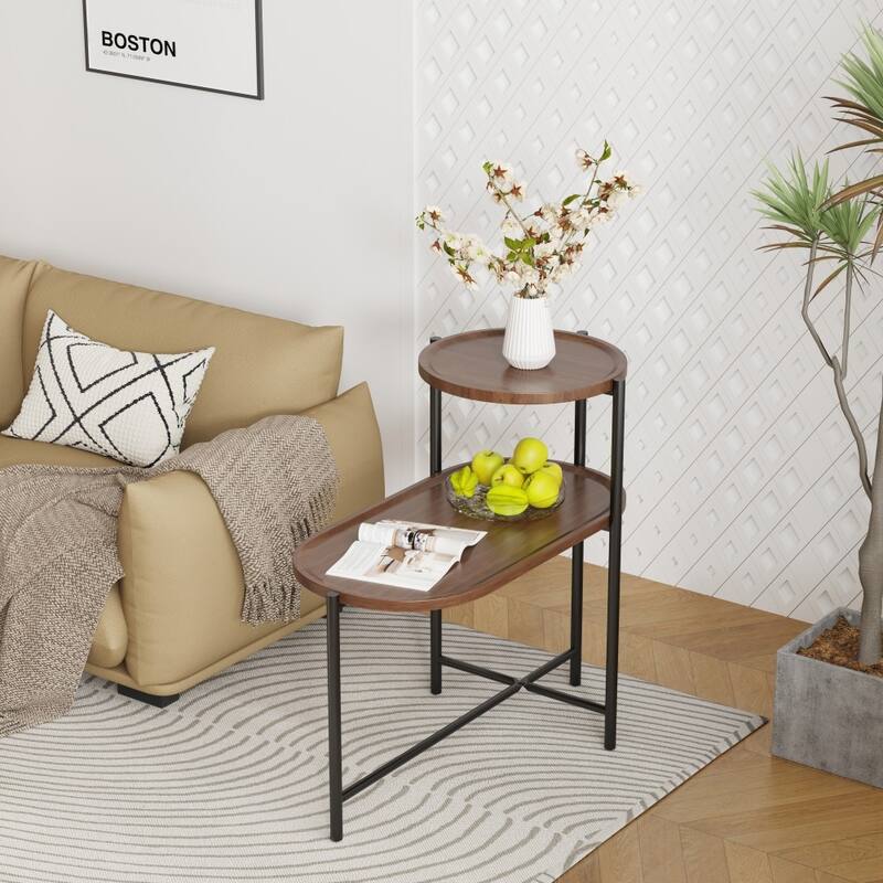 Modern Wooden Round Coffee Table with Storage Tray 2 Tier Oval End Tables for Living Room - Walnut Brown