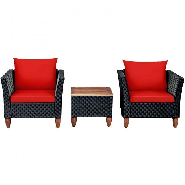 3 Pcs Outdoor Patio Rattan Furniture Set Wooden Table Top Cushioned Sofa - 29" x 27" x 28" (L x W x H)