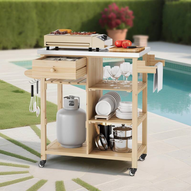 Solid Wood Grill Cart with Stainless Steel Top for Patio and Garden