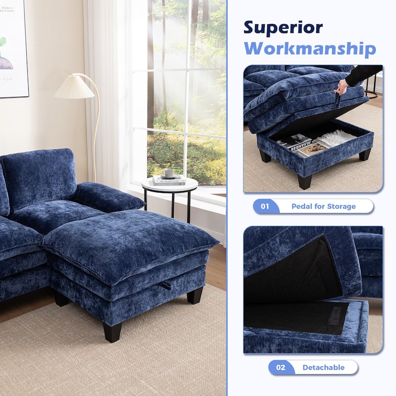 122-Inch 6-seats U-Shaped Double Foam Cushion Convertible Sectional Sofa Couch for Living Room With Storage Ottoman