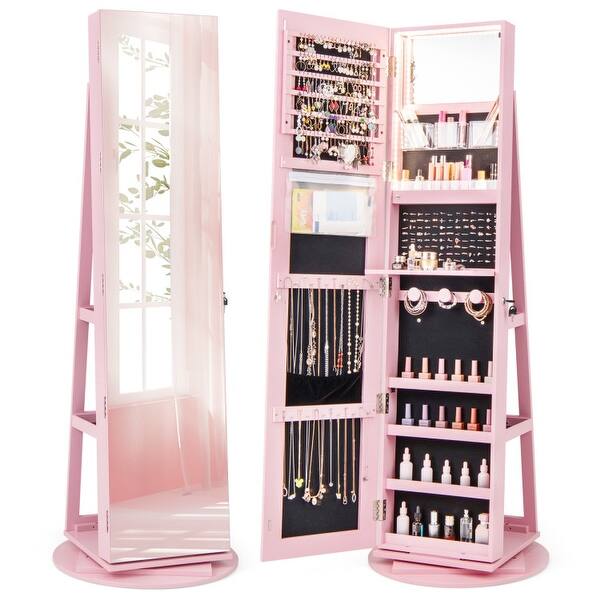 slide 2 of 8, 360° Rotating Mirrored Jewelry Cabinet Armoire 3 Color LED Modes Lockable - 21.5" x 21.5" x 63.5" (L x W x H) Pink