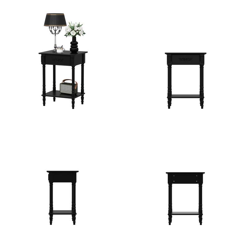 Vintage End Table with Drawer and Shelf, French Style Nightstand with Solid Wood Legs, White Accent Table