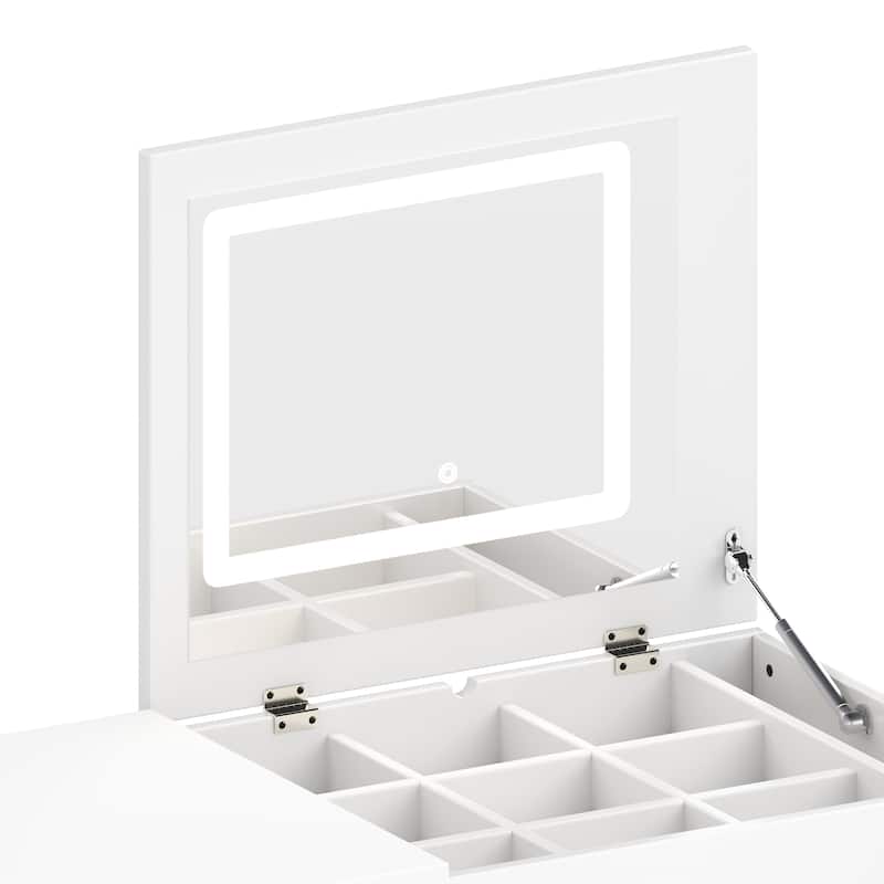 Vanity Desk with Mirror and Lights, Makeup Vanity Table with Flip-Top Tabletop and Storage 7 Drawers, 9 Compartments, 3 Shelves