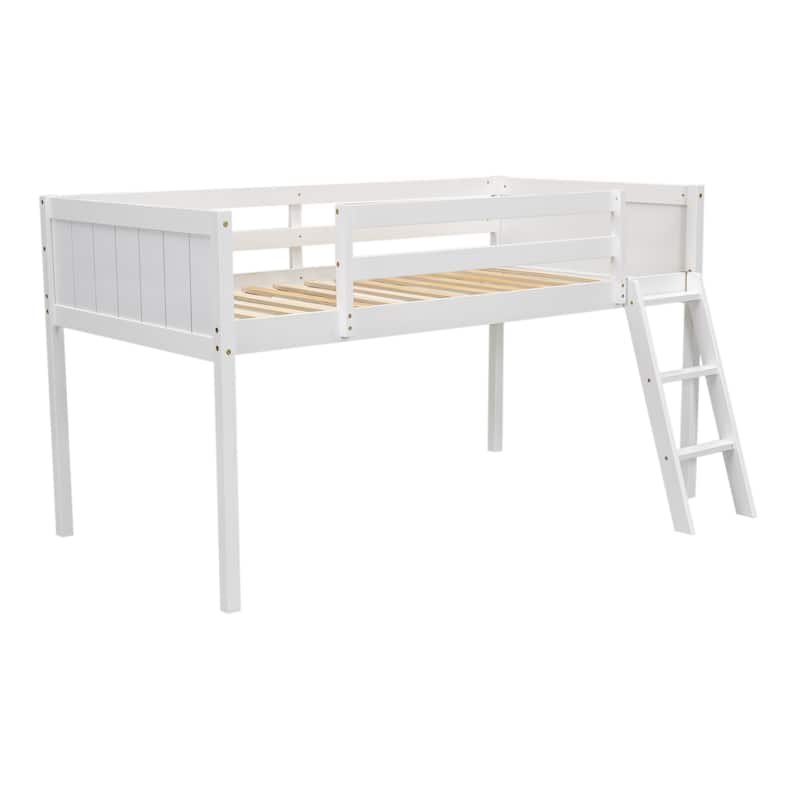 Twin Size Loft Bed with Ladder, Pine Wood Frame, Convertible Ladder Placement, Guardrails, and No Box Spring Required