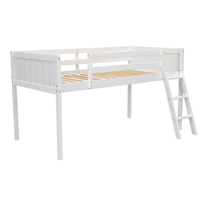 Twin Size Solid Wood Low Loft Bed with Ladder and Fence