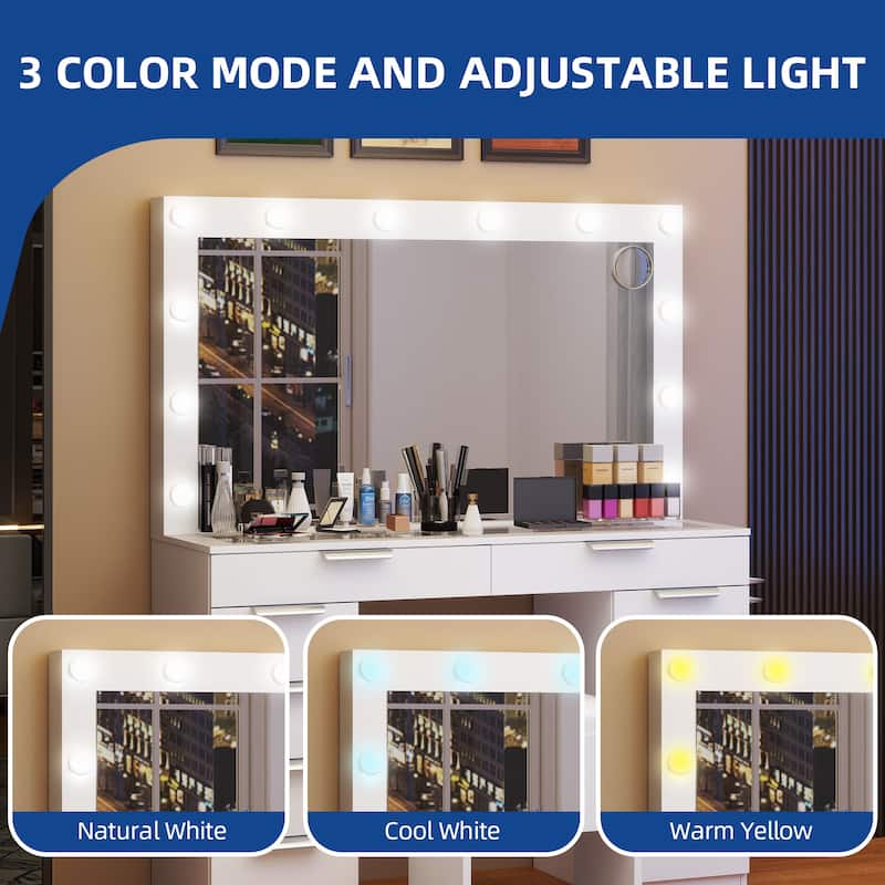 Moasis White 10-Drawer Cosmetic Vanity Desk Set with Glass Tabletop Makeup Vanity with LED Strip